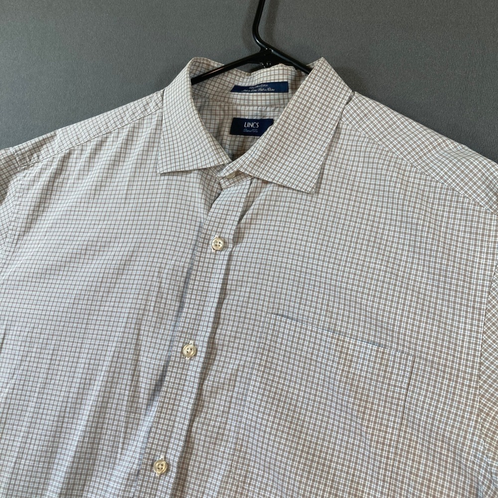 LINCS David Chu Mens Large Brown Blue Micro Check Cotton Button Down Shirt